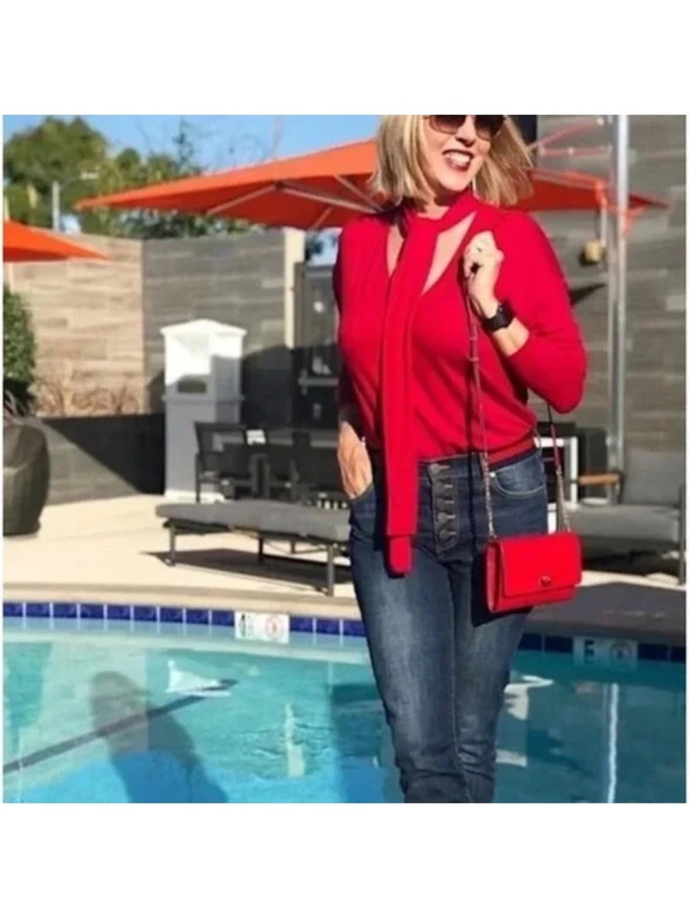 Cabi Red Tie Neck V-Neck Blouse Long Sleeve Knit Top Size M Style 3804